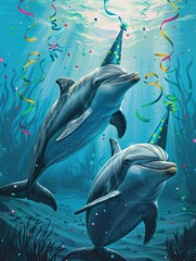 Dolphins with party elements in the ocean depths - This vibrant artwork captures dolphins amidst seaweed with party hats, streamers, and confetti