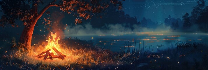 Enchanting night by a lakeside campfire - An illustration of a serene lakeside campfire at night under stars, evoking a peaceful, adventurous outdoor experience - obrazy, fototapety, plakaty