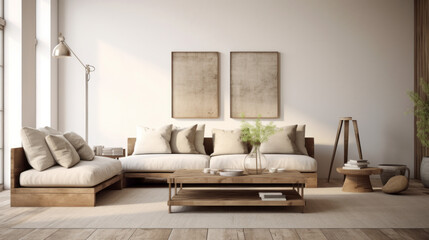 A modern living room with sustainable furnishings and a hint of rustic chic
