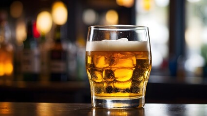 Glass of beer on wooden table and blurred background