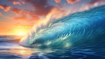Blue Ocean big wave Crashing at sunrise