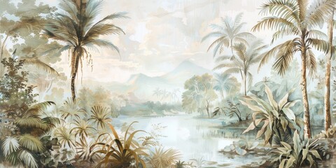 wallpaper jungle and leaves tropical forest, old drawing vintage - obrazy, fototapety, plakaty