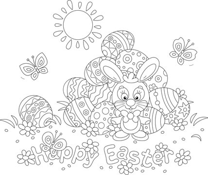 Greeting card with a happy Easter bunny and a pile of painted gift eggs on a pretty sunny lawn with spring flowers and merry butterflies fluttering around, vector cartoon illustration