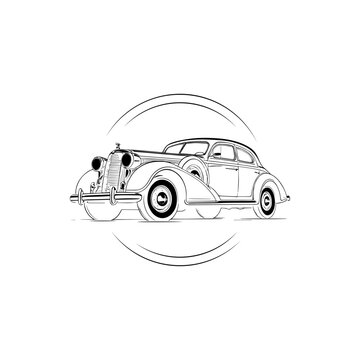 recommend clip art: Classic retro vintage style black and white line art Car logo. Car silhouette. retro car drawing. Vector illustration. editable file format. old style car logo