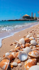 Fototapeta na wymiar A pristine sandy beach with seashells. Sea Beach Landscape