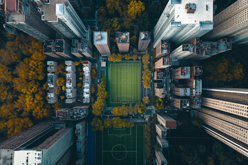 Soccer field among skyscrapers in a downtown. Aerial view on the football pitch in a city center. Autumn time in a city