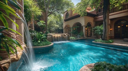 A glimpse of paradise in a breathtaking view of a grand pool, featuring cascading water features and surrounded by meticulously landscaped gardens
