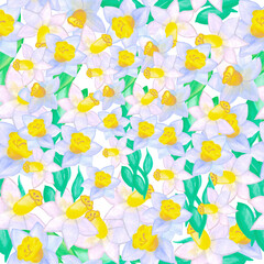 seamless pattern with yellow flowers watercolor drawing basis for creativity background of daffodils with leaves mockup