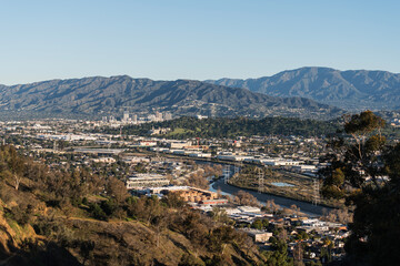 Hilltop view towards Glendale and the Cypress Park Elysian Valley, Atwater Village neighborhoods in Los Angeles California.