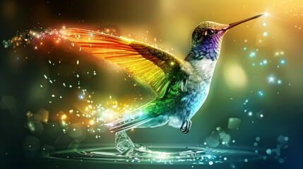Fototapeta premium Magic glowing glittering multi-colored hummingbird splashing in water