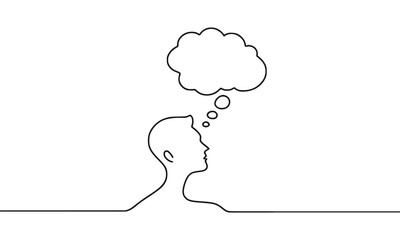 A vector image of a guy with a cloud of thoughts above his head, drawn with one line.