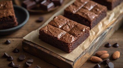 Homemade chocolate brownies on rustic wooden background, selective focus
