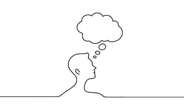 A vector image of a guy with a cloud of thoughts above his head, drawn with one line.