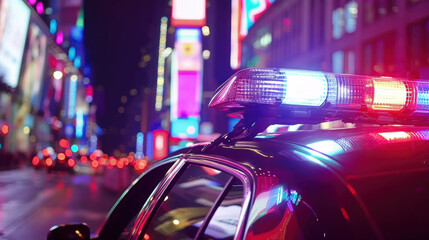 Police strobe lights close-up, evening city street in the background - obrazy, fototapety, plakaty
