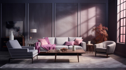 A modern living room with a gray sofa and a pink armchair