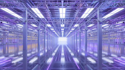 High-Tech Manufacturing Plant or Warehouse with Futuristic Blue Lighting