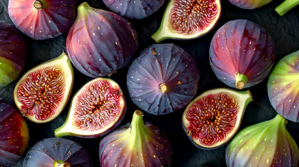 Fresh Figs Display, A beautiful display of ripe figs, cut open to reveal the intricate red seeds...