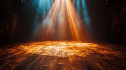 Wooden stage with a spotlight against a dark background ambiance. Warm, golden spotlight. Vintage retro background scene