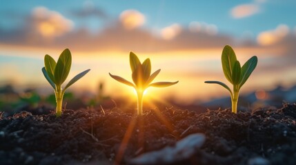 Close up view of seedlings sprouting in the gentle glow of the rural dawn symbolize growth and vitality.