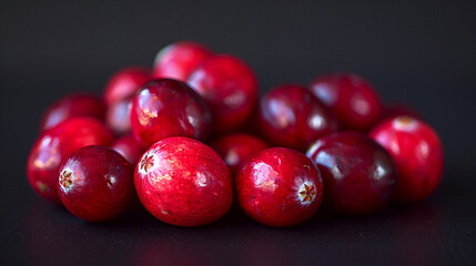  Fresh Cranberries on Dark Background,A bounty of fresh cranberries spread out on a dark background, highlighting their glossy, deep red surface.