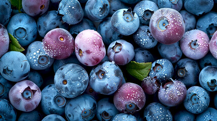 Blueberries with Water Droplets Close-up, A macro shot of fresh blueberries covered in tiny water droplets, emphasizing their blue hues and natural freshness. - obrazy, fototapety, plakaty