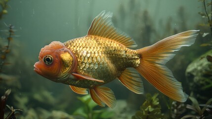 a close up of a goldfish in a fish tank with plants in the foreground and water in the background.