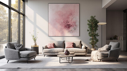 A modern living room with a gray sofa and a pink armchair