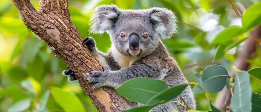 a koala is sitting in a tree and looking at the camera with a smile on it's face.