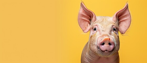 a close up of a pig's face with a surprised look on it's face, against a yellow background.