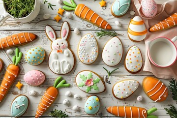 A table with a variety of Easter cookies and a carrot. The cookies are decorated with icing and some have bunny designs - obrazy, fototapety, plakaty
