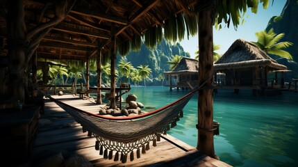 A tropical beach with palm trees and hammocks