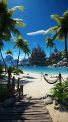 Fototapeta na wymiar A tropical beach with palm trees and hammocks