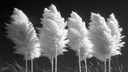 a black and white photo of a bunch of tall white feathers in a row in front of a black background.