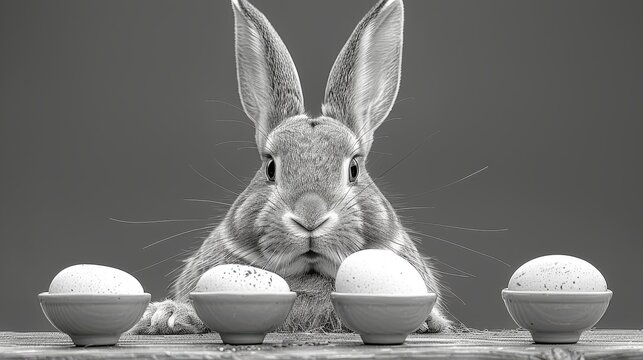 a black and white photo of a rabbit with four eggs in it's mouth and four eggs in the foreground.