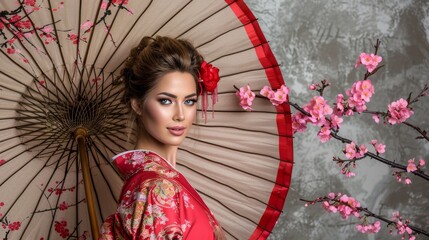 Fototapeta premium a woman wearing a kimono and holding a parasol in front of a tree with pink flowers on it.