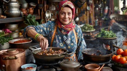 a woman standing in front of a table filled with pots and pans filled with food and smiling at the camera.