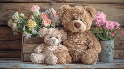 a brown teddy bear sitting next to a pink teddy bear and a vase of pink and yellow tulips.