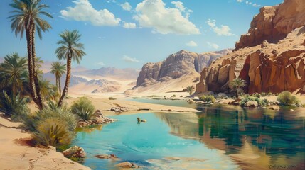 Beautiful oasis in the sandy desert - obrazy, fototapety, plakaty