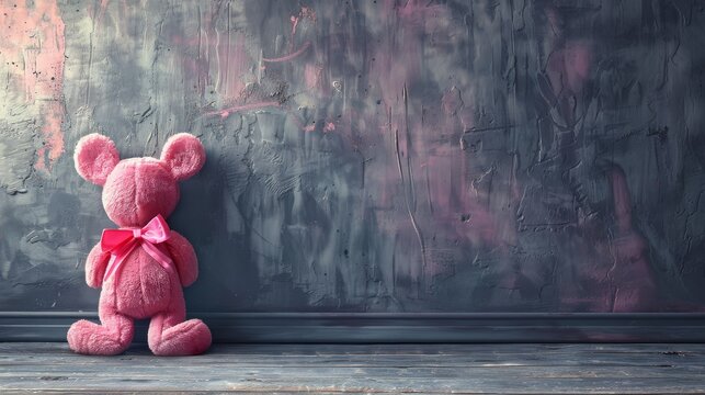 a pink teddy bear with a pink bow sitting on a wooden floor in front of a gray wall with peeling paint.
