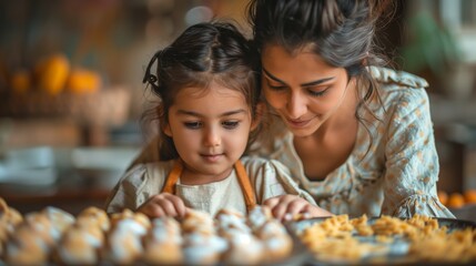 Indian mother teaches her daughter how to make cakes. Family cooking.
