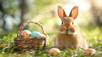 Fototapeta na wymiar a rabbit sitting in the grass next to a basket with eggs in it and a basket of eggs in the grass.