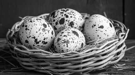 Naklejka na ściany i meble a black and white photo of four speckled eggs in a wicker basket on a wooden table with a black background.