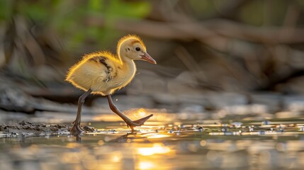 a duckling is walking in the water with it's feet in the water and it's head in the water.
