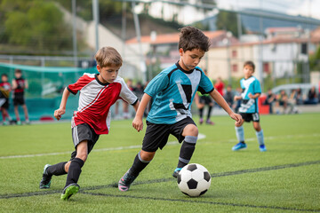 Soccer boys kicking the ball during a junior soccer league game. Two boys chasing a ball in a...