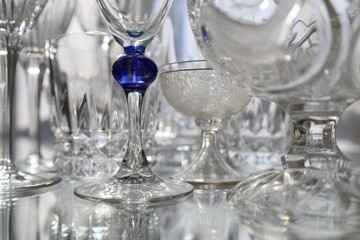 closeup shiny and reflective precious crystal glassware collection