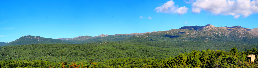 Fototapeta na wymiar Superb panoramic view of the mountains and the maquis of the island of Corsica (nicknamed the Isle of Beauty) from the charming belvedere village of Prunelli