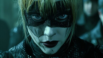 a close up of a person wearing a black and white mask with blonde hair and a black and white face paint.