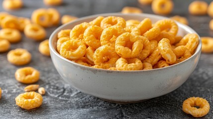 a white bowl filled with cheetos sitting on top of a gray table next to other small pieces of food.