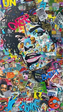 Vibrant collage pop art retro graphic, reminiscent of the iconic era, featuring bold colors, striking imagery, and playful composition for a nostalgic and dynamic aesthetic appeal.