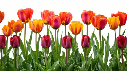 a group of red and yellow tulips with green leaves in the foreground and a white sky in the background.